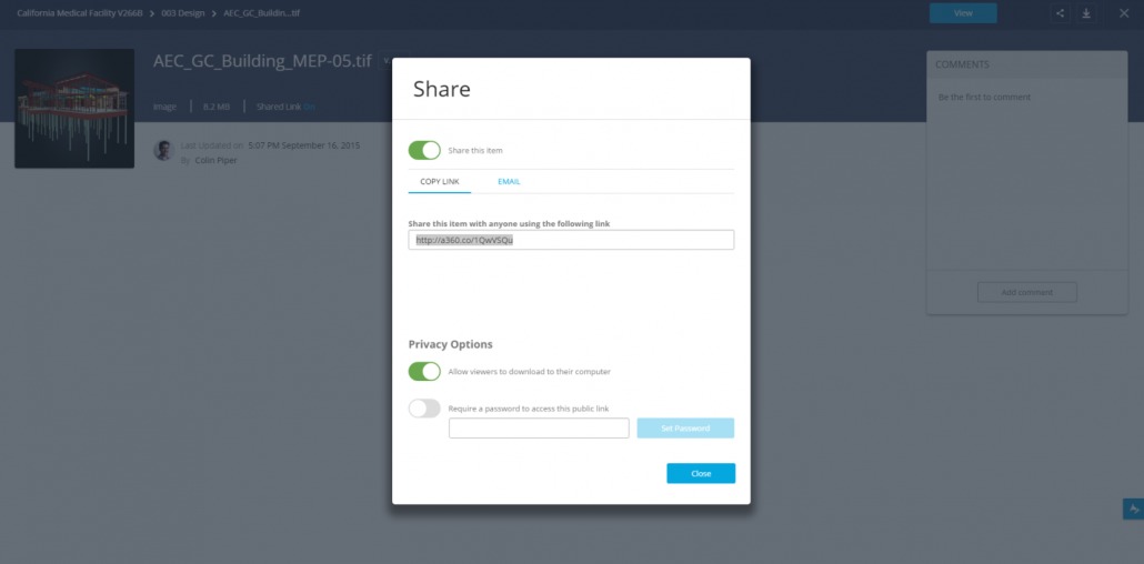 Controlled sharing makes it easy to share specific parts of projects with external stakeholders by requiring a password